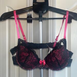Adore Me Cage Front Lace Trimmed Black & Pink Bra 38B